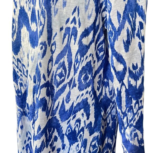 Chicos Womens Ikat Split V Neck 100% Linen Blue Knit Top Long Sleeve White 1/ M - Picture 9 of 16